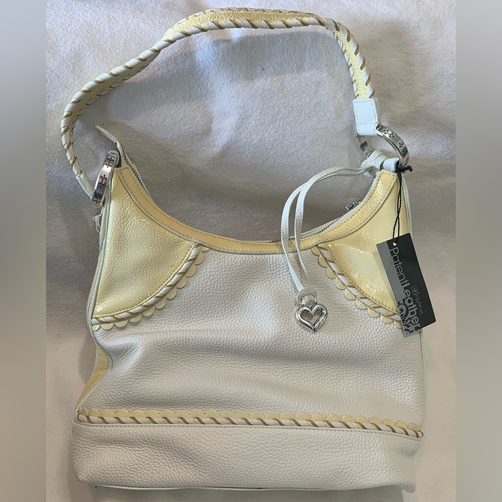 Brighton Patent Leather Yellow&White Womens Large Handbag Purse W/Charm NWT